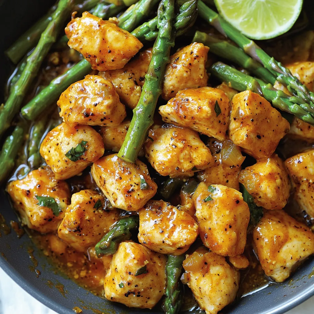 A bowl piled with chicken and bright asparagus.