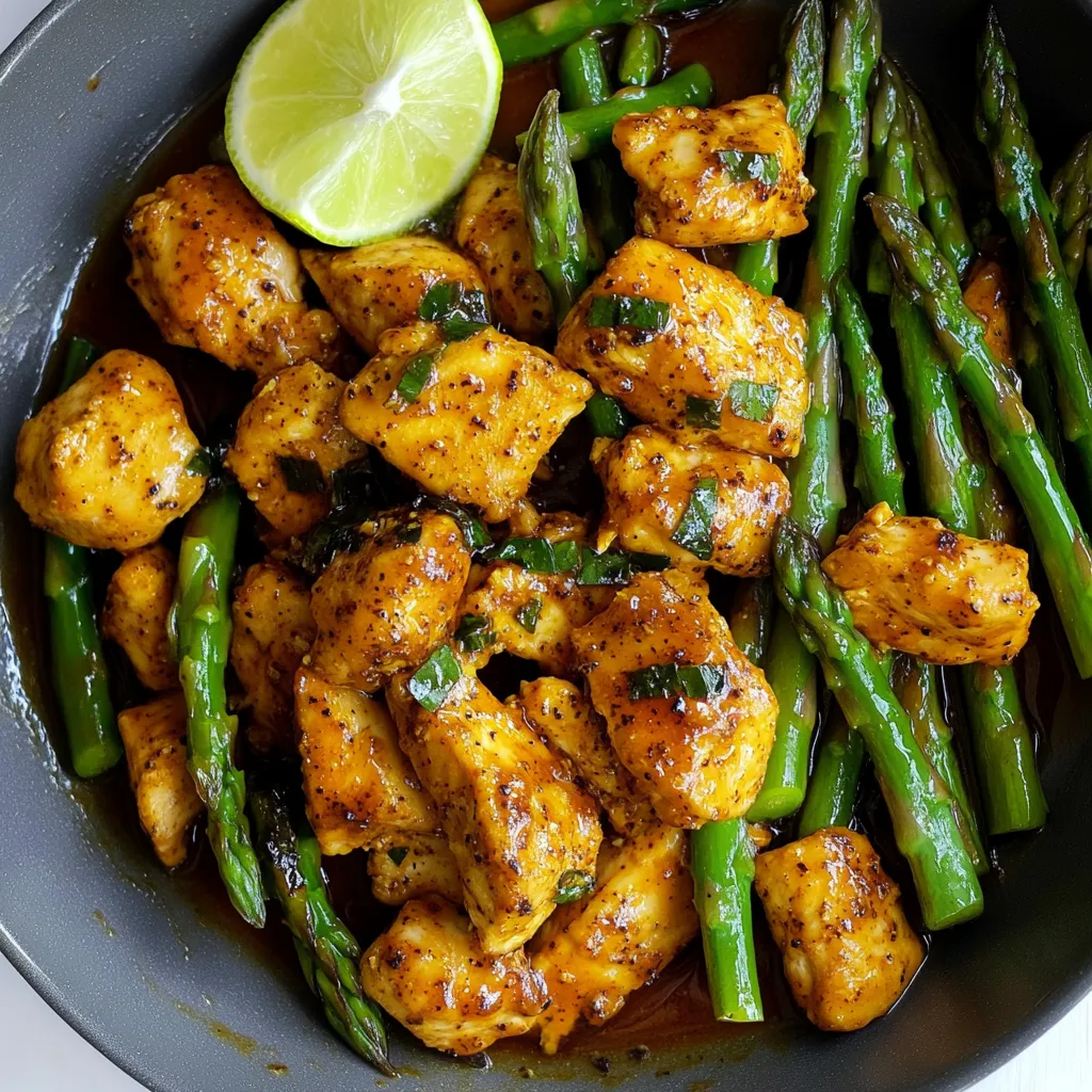 A bowl piled with chicken and bright asparagus.
