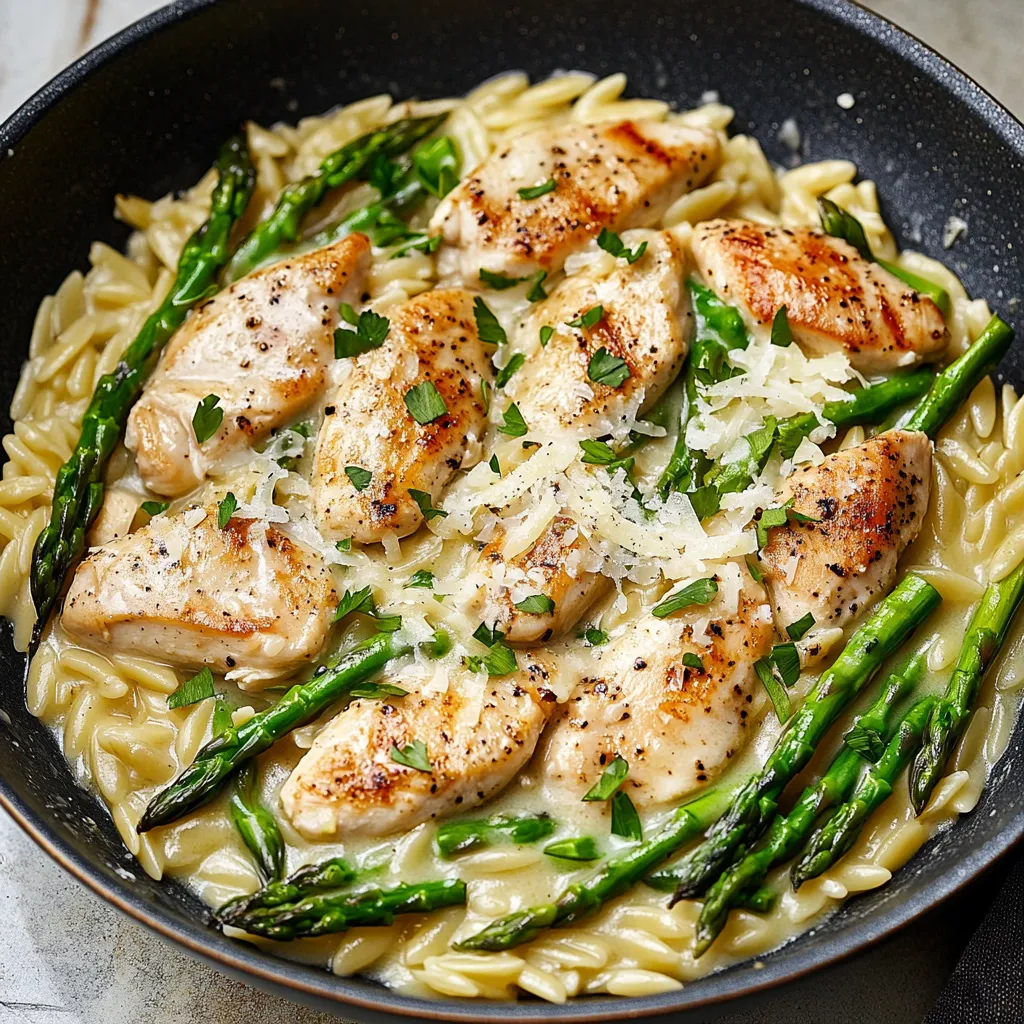 A bowl of chicken and asparagus.