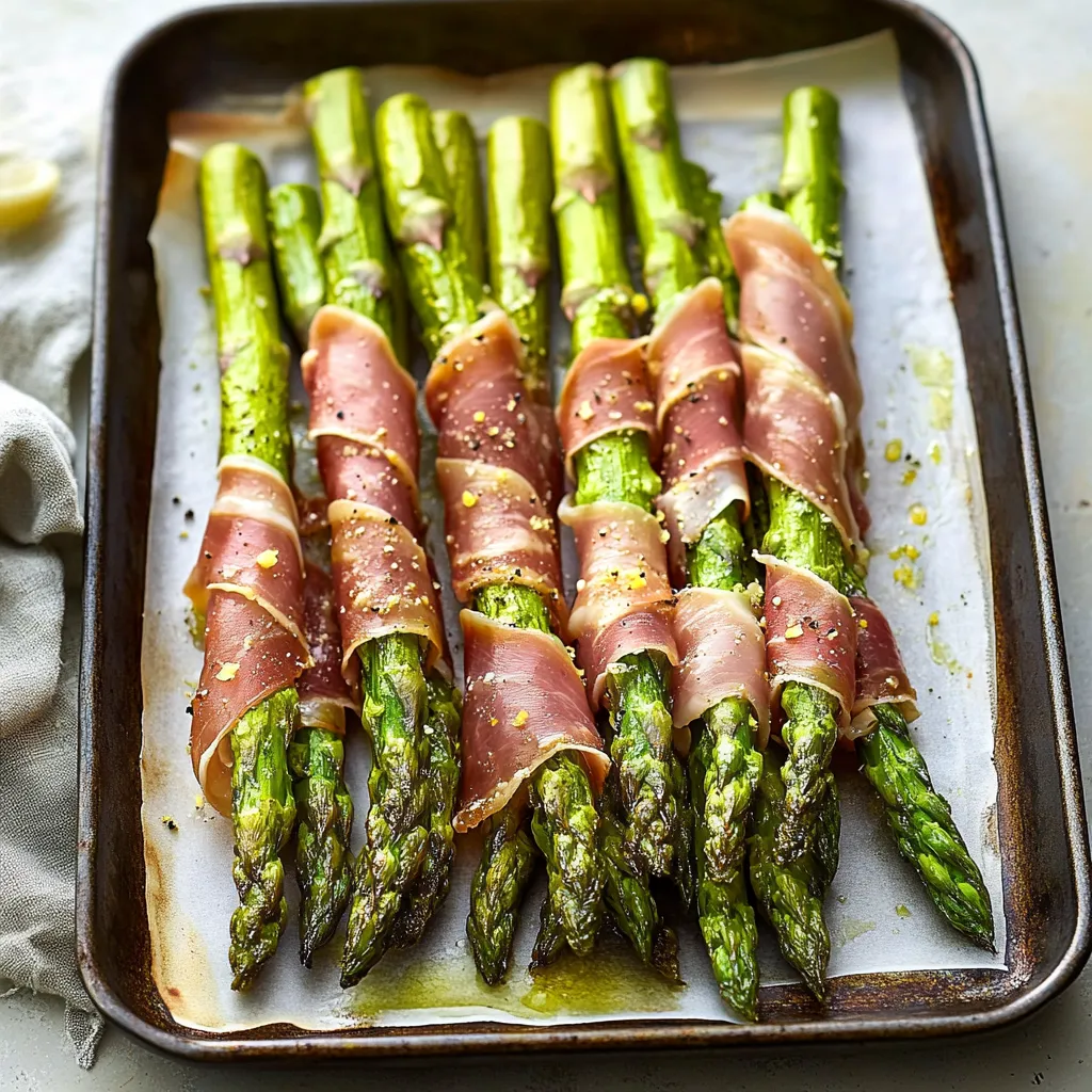 A baking pan holding asparagus wrapped with bacon.