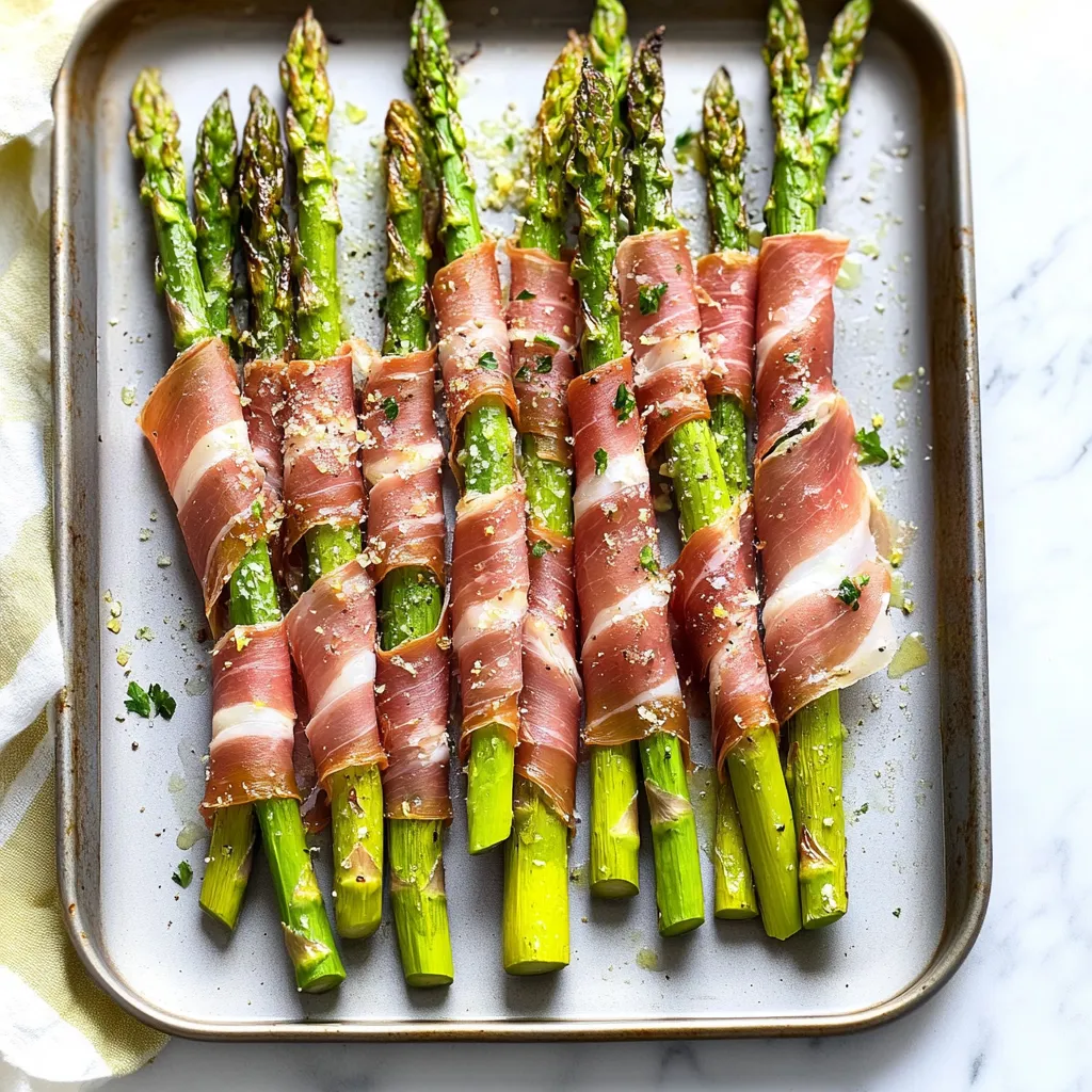 Cooked asparagus wrapped with bacon in a baking pan.