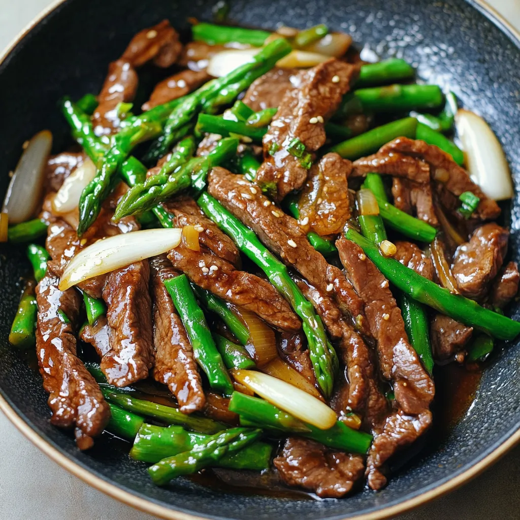 A bowl of beef and asparagus.