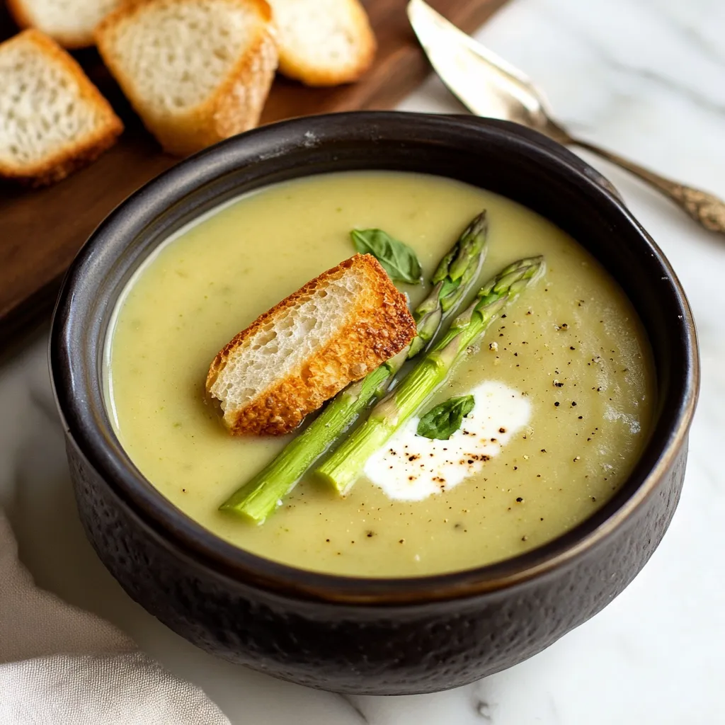 Soup served with bread and a few asparagus spears.
