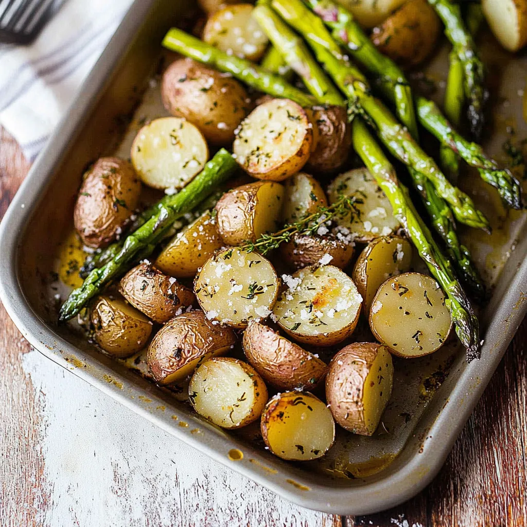 A pan filled with roasted potatoes and asparagus.