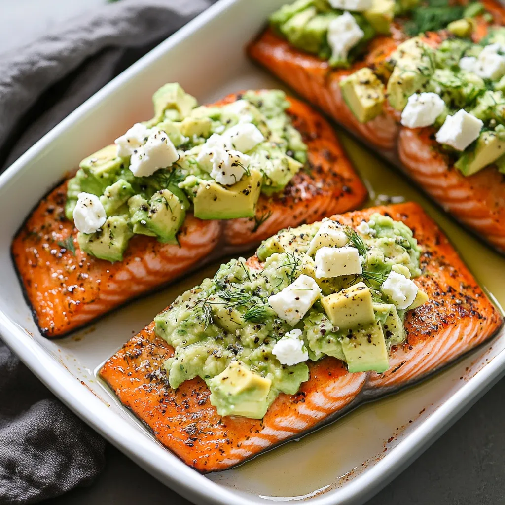 Salmon on a plate with creamy avocado and cheese.