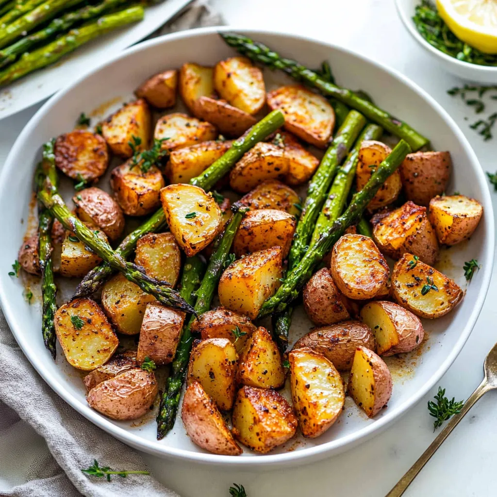 A plate filled with potatoes, asparagus, and a slice of lemon.