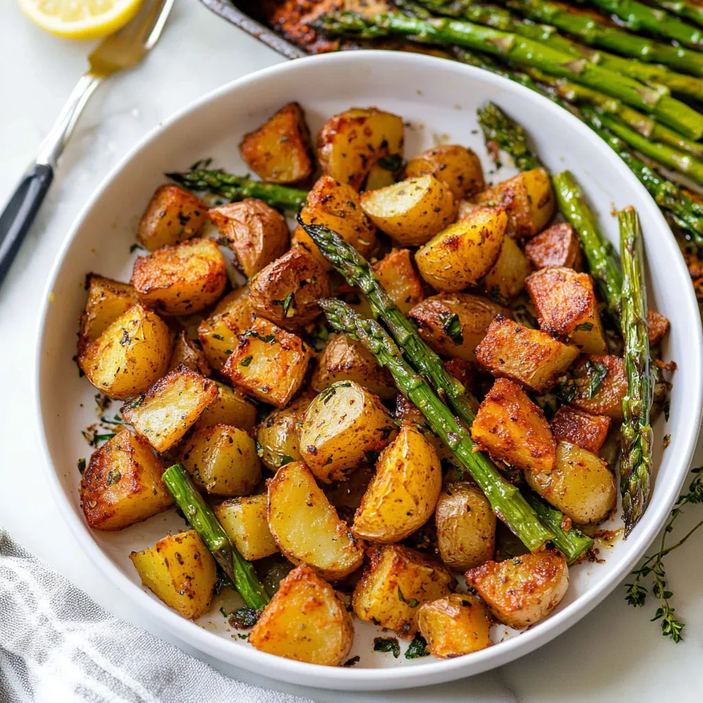 A bowl loaded with asparagus and potatoes.