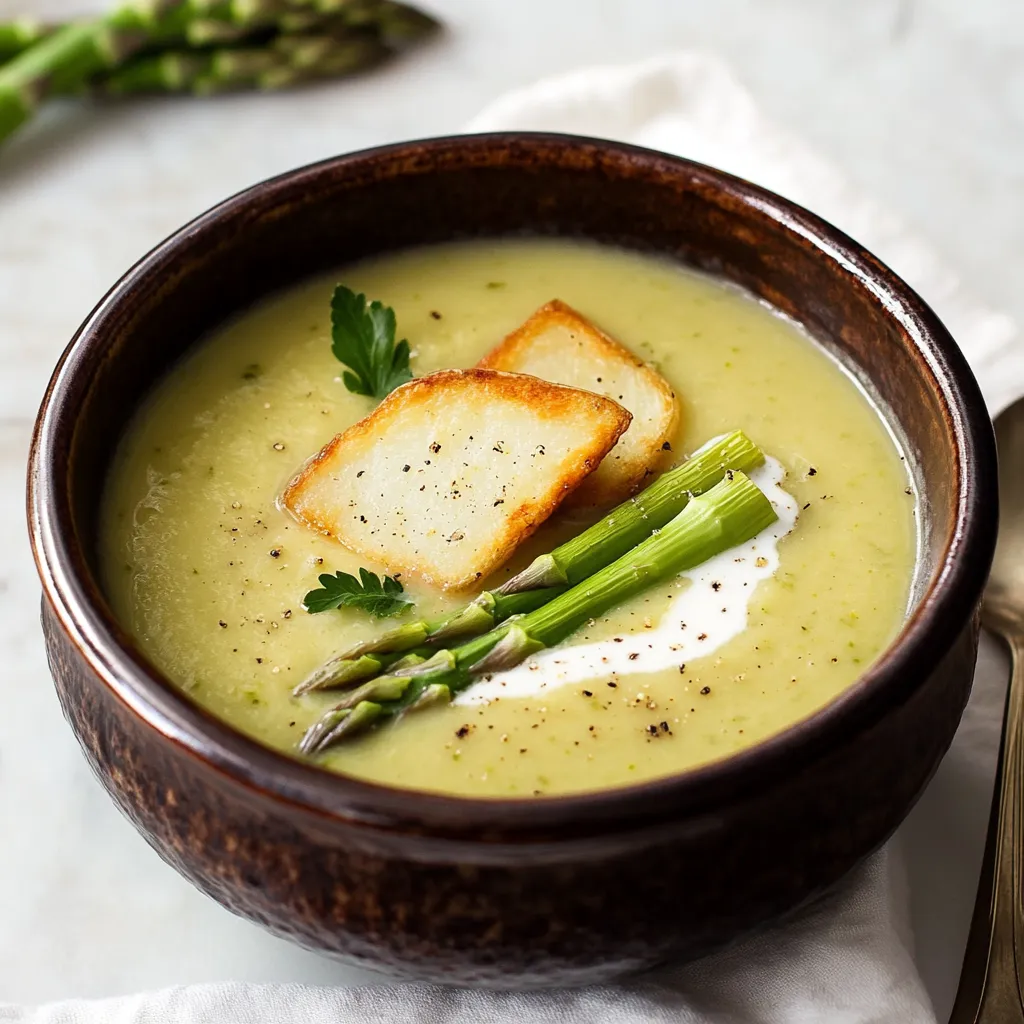 A bowl of soup with a piece of bread on top.