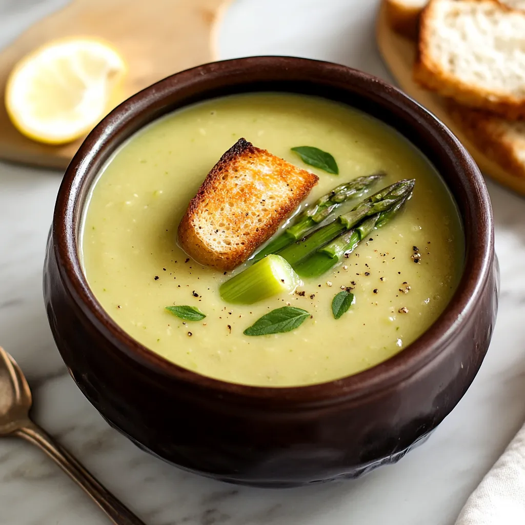 A bowl of soup with a slice of bread and asparagus.