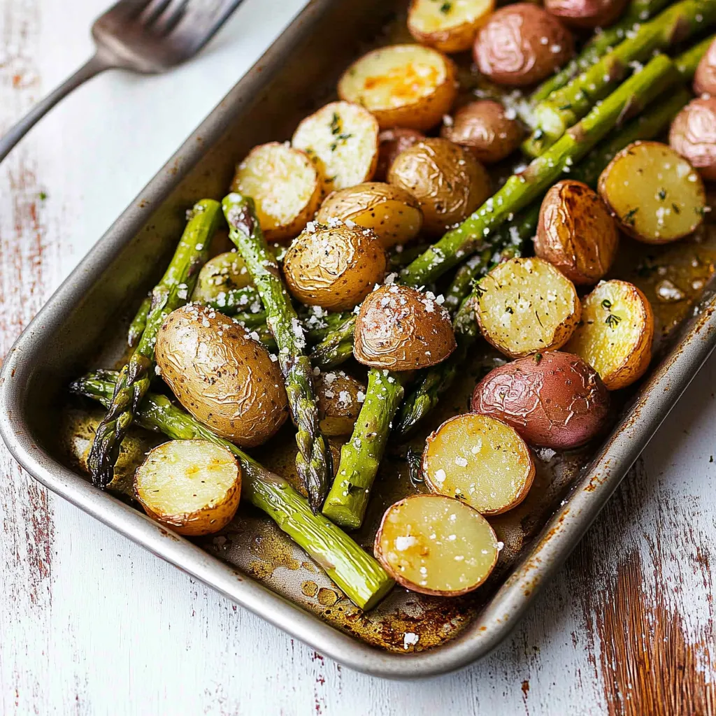 A pan of potatoes, asparagus and green beans.