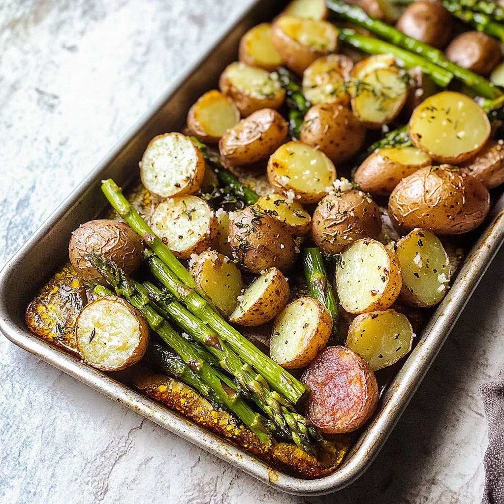 A pan of food with potatoes, asparagus, and sausage.