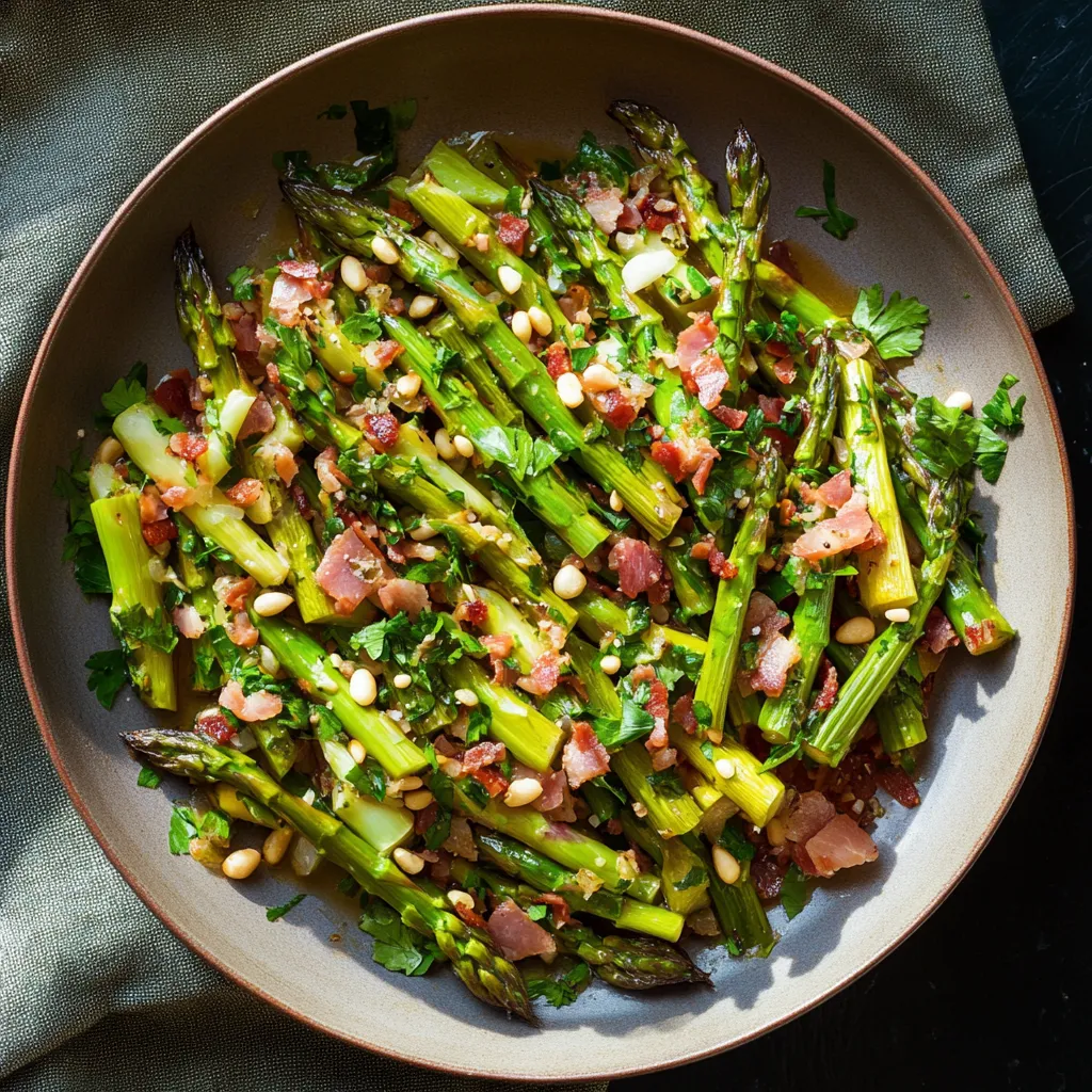A plate of food with asparagus and bacon.