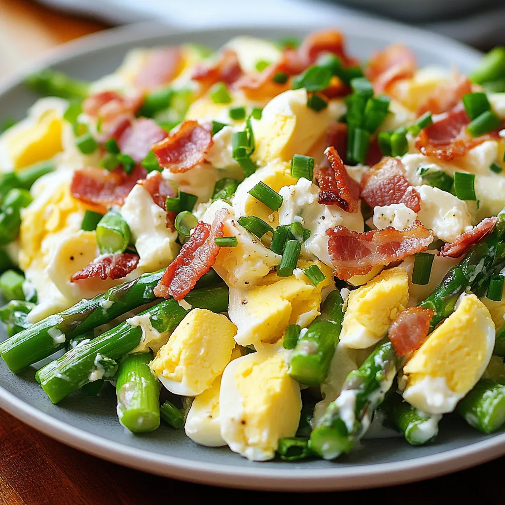 A plate of food with bacon, eggs, and asparagus.