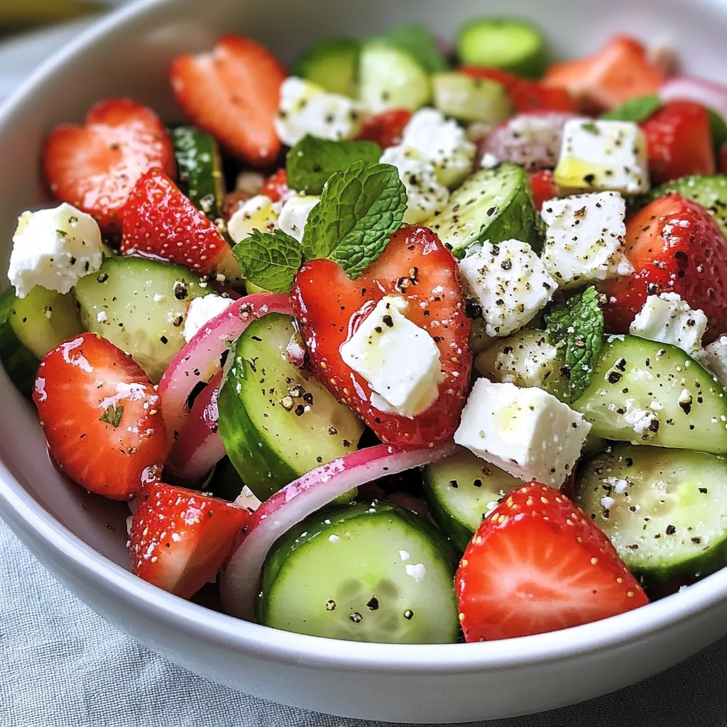 Bowl with strawberries, cucumber, feta, and mint all mixed together.