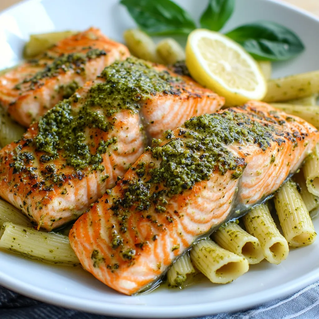 Salmon fillet with rich pesto and pasta.