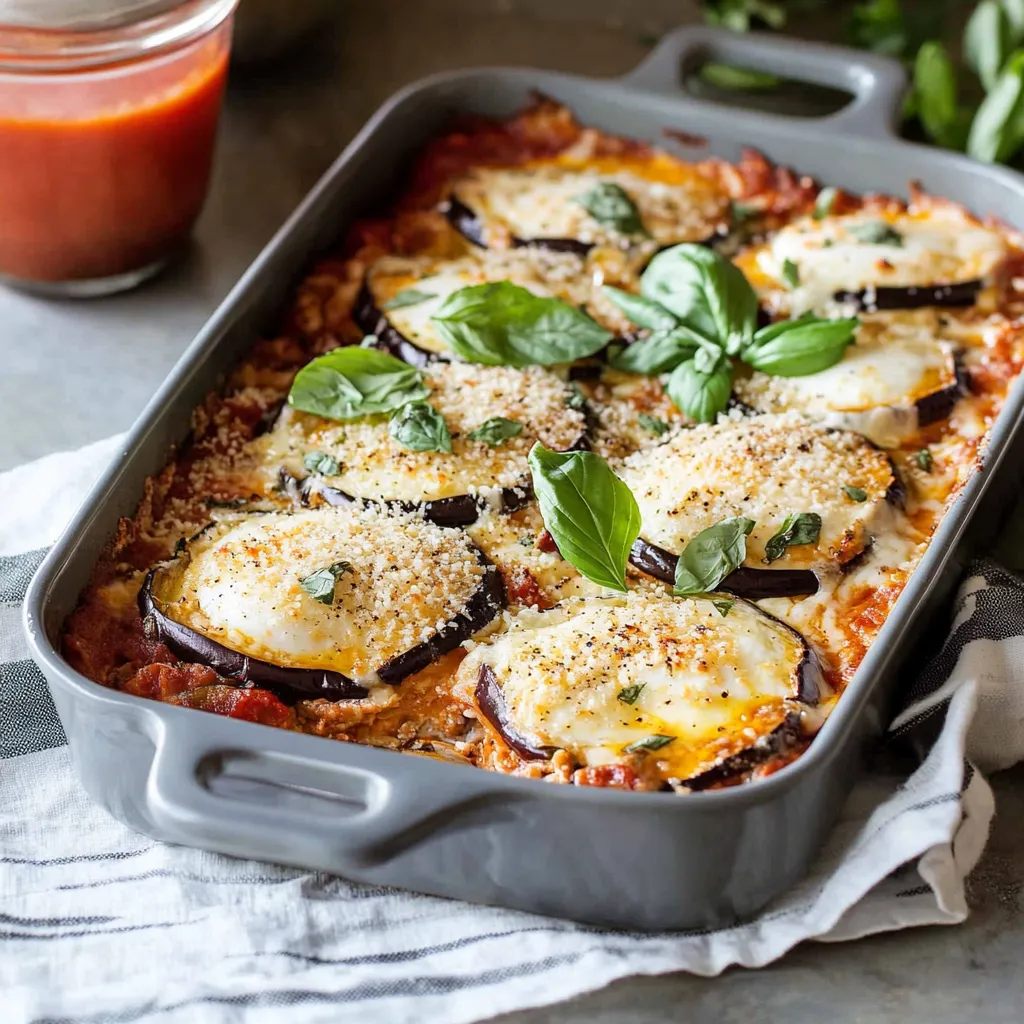 A pan of eggplant Parmesan with a spoon in it.