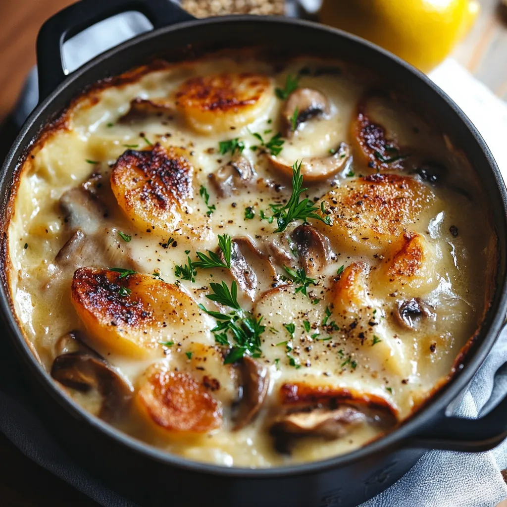 A hearty dish with potatoes and mushrooms.