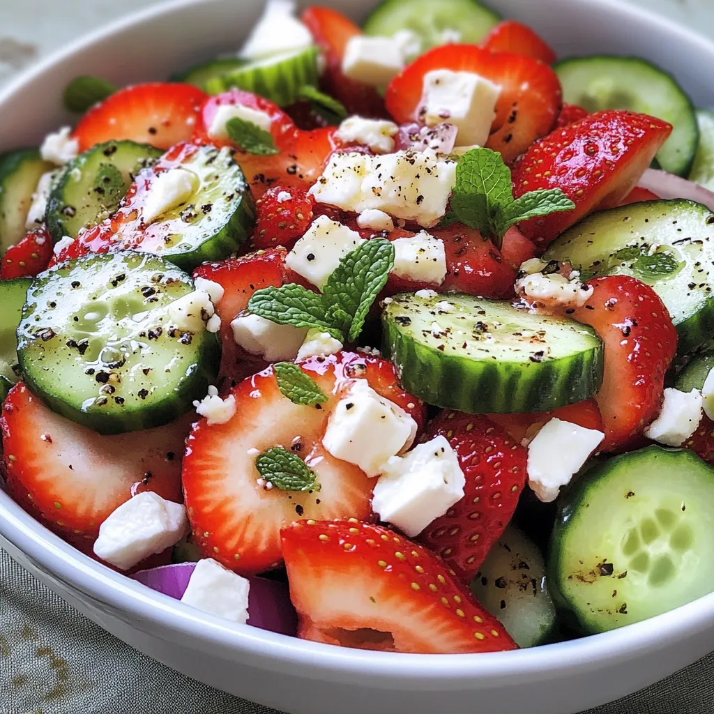 A bowl of fruit salad with strawberries, cucumbers, and feta cheese.