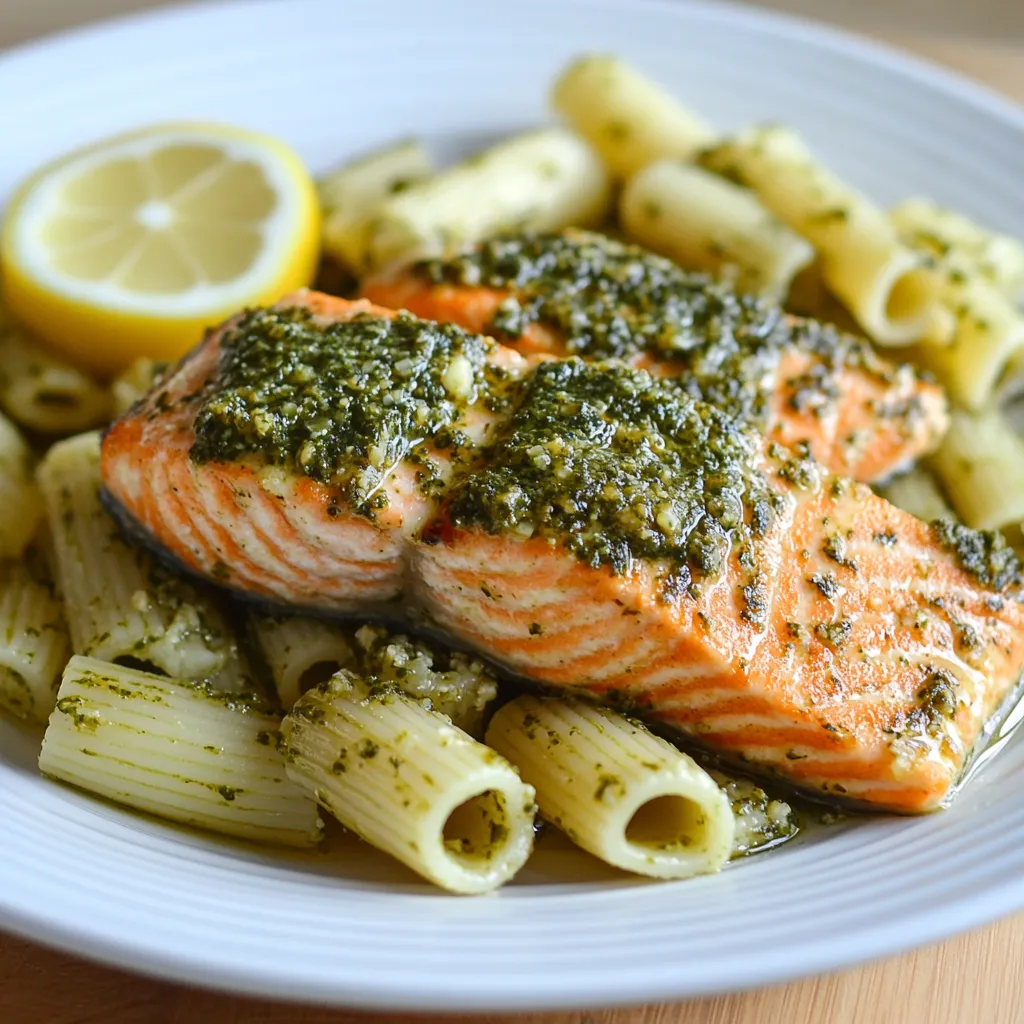 A plate of food with a salmon fillet and pasta.