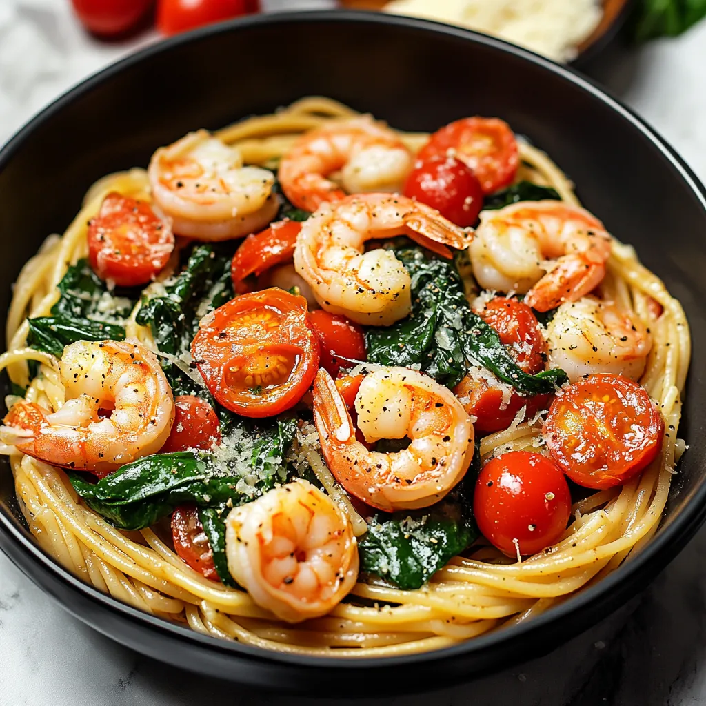 A bowl of shrimp and tomatoes.