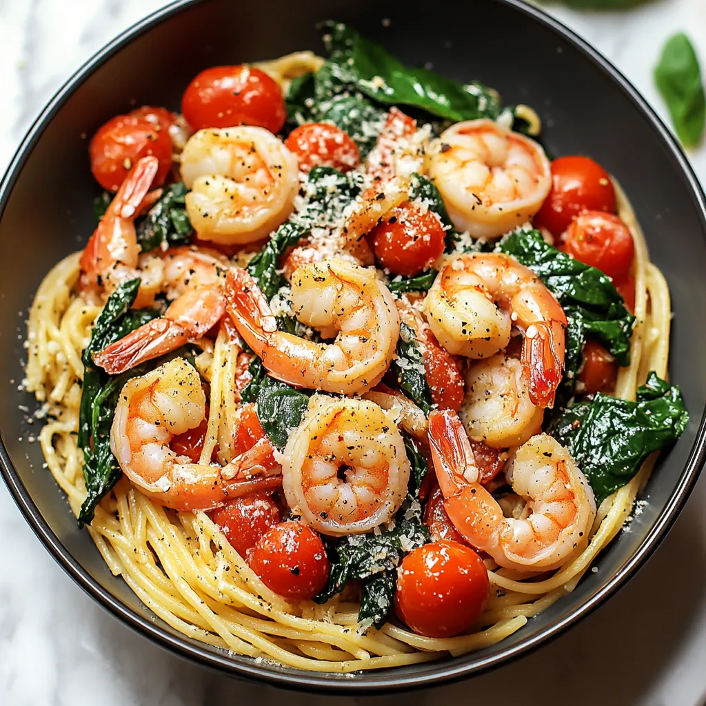 A bowl of shrimp and tomatoes.