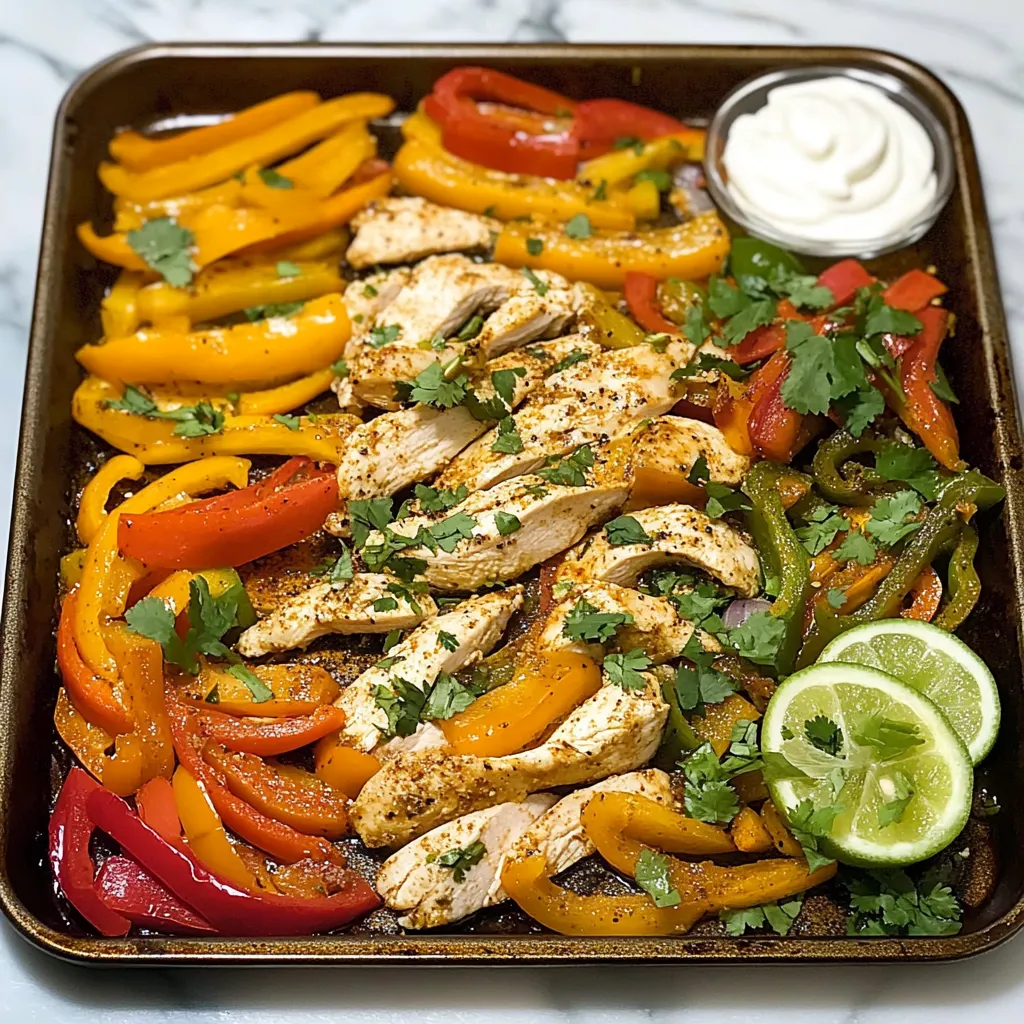 A pan with tasty chicken, peppers, plus lime wedges.