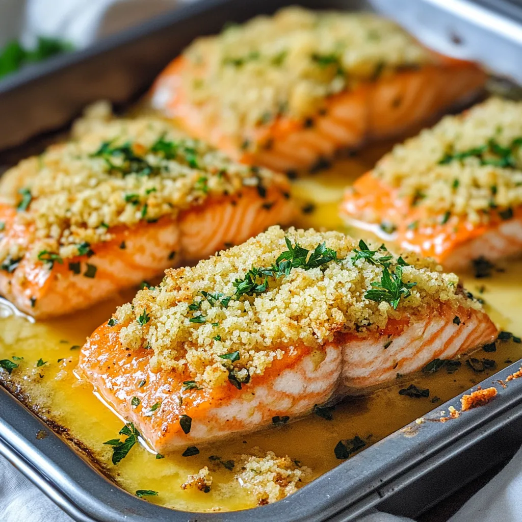 A pan of salmon topped with golden crust and sauce.
