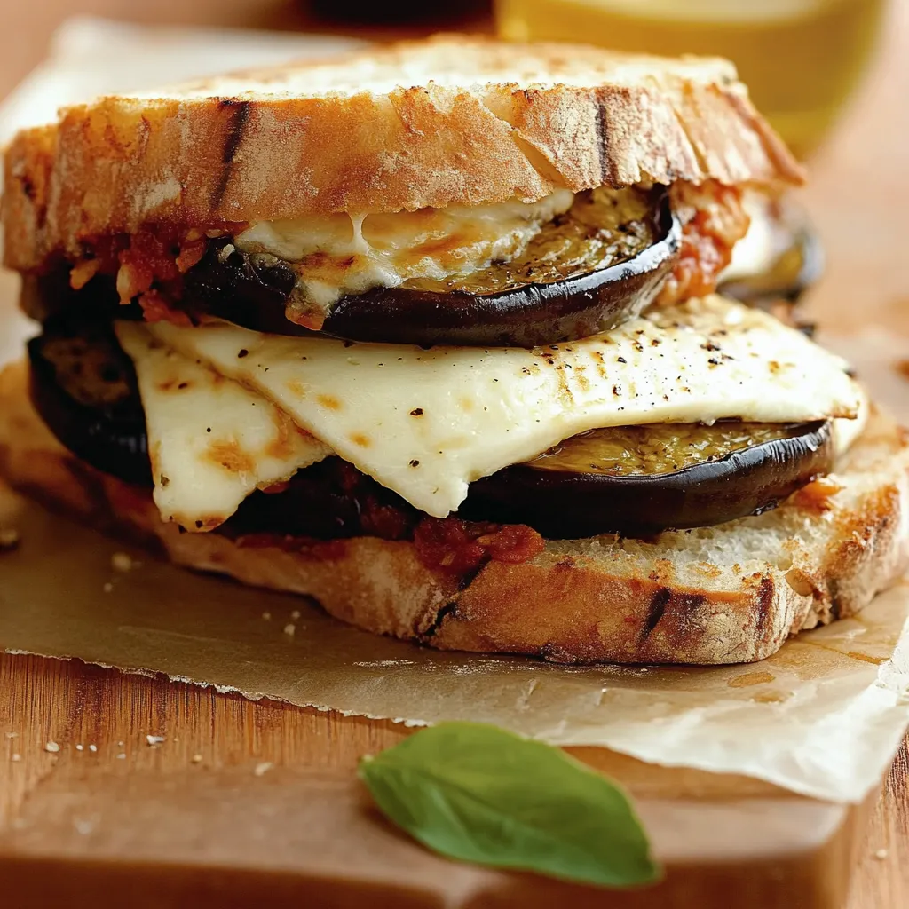 Grilled sandwich with eggplant and cheese.