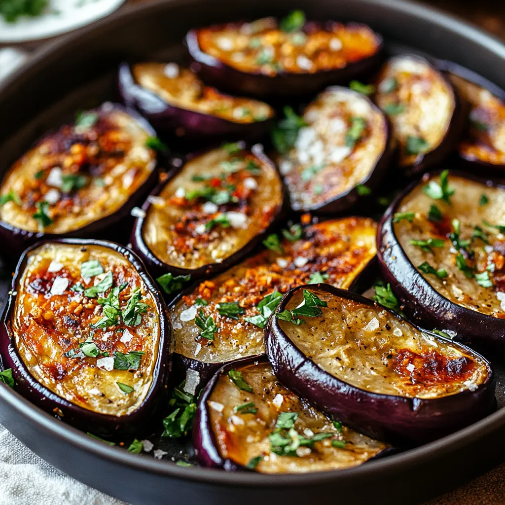 A bowl of purple eggplant with herbs.