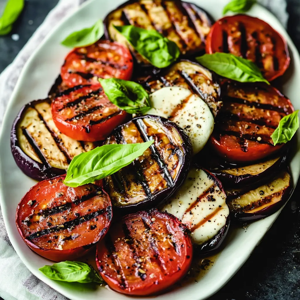A plate of grilled vegetables with basil leaves.