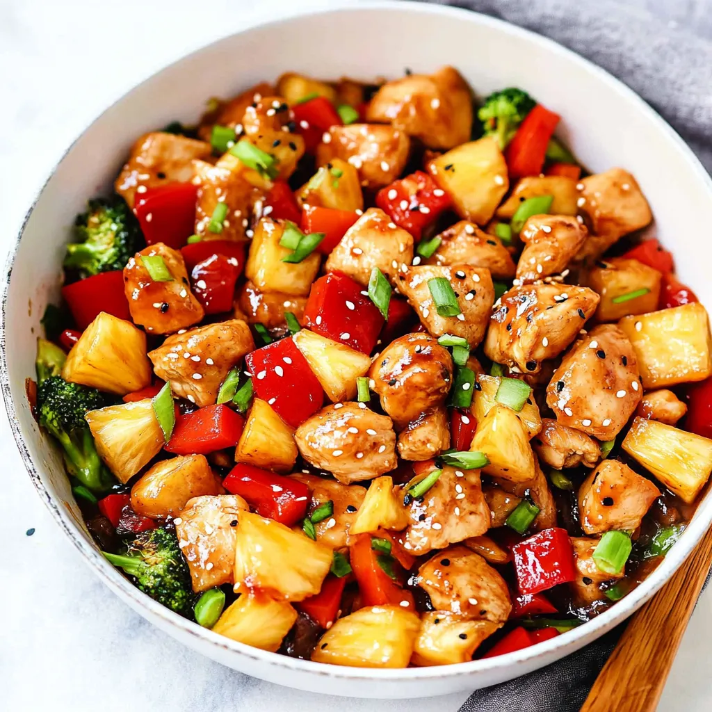 Dish of pineapple chicken stir fry.