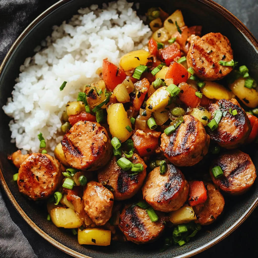 A bowl of food with rice and sausage.