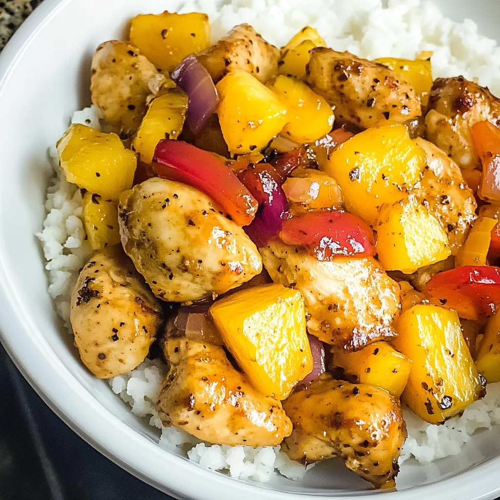 Chicken served over rice in a bowl.