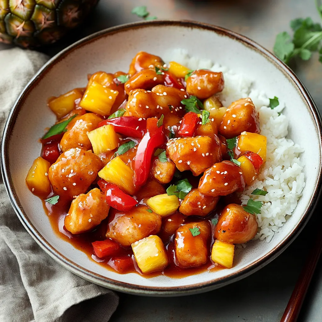 Chicken with peppers and pineapple over rice.