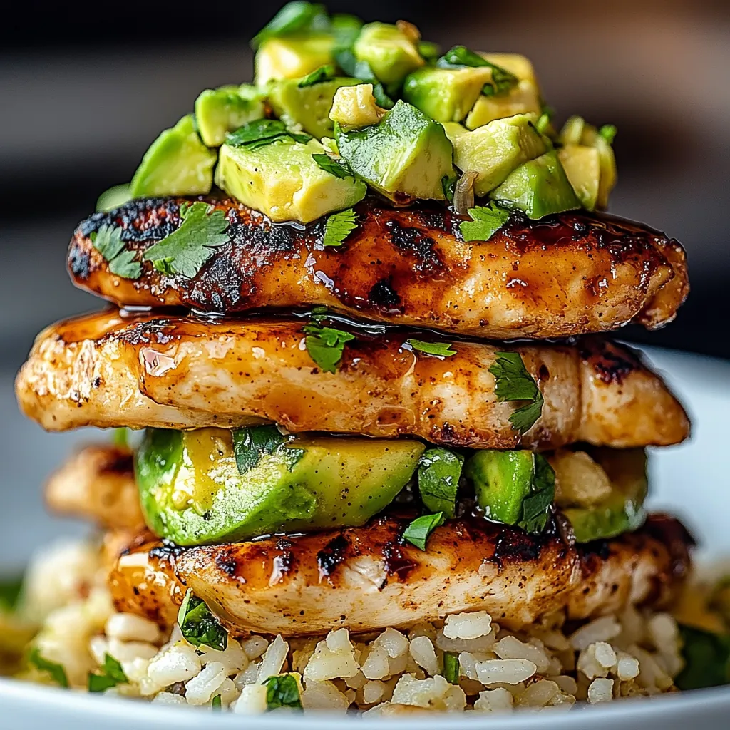 Layers of grilled chicken, creamy rice, and vibrant avocado.