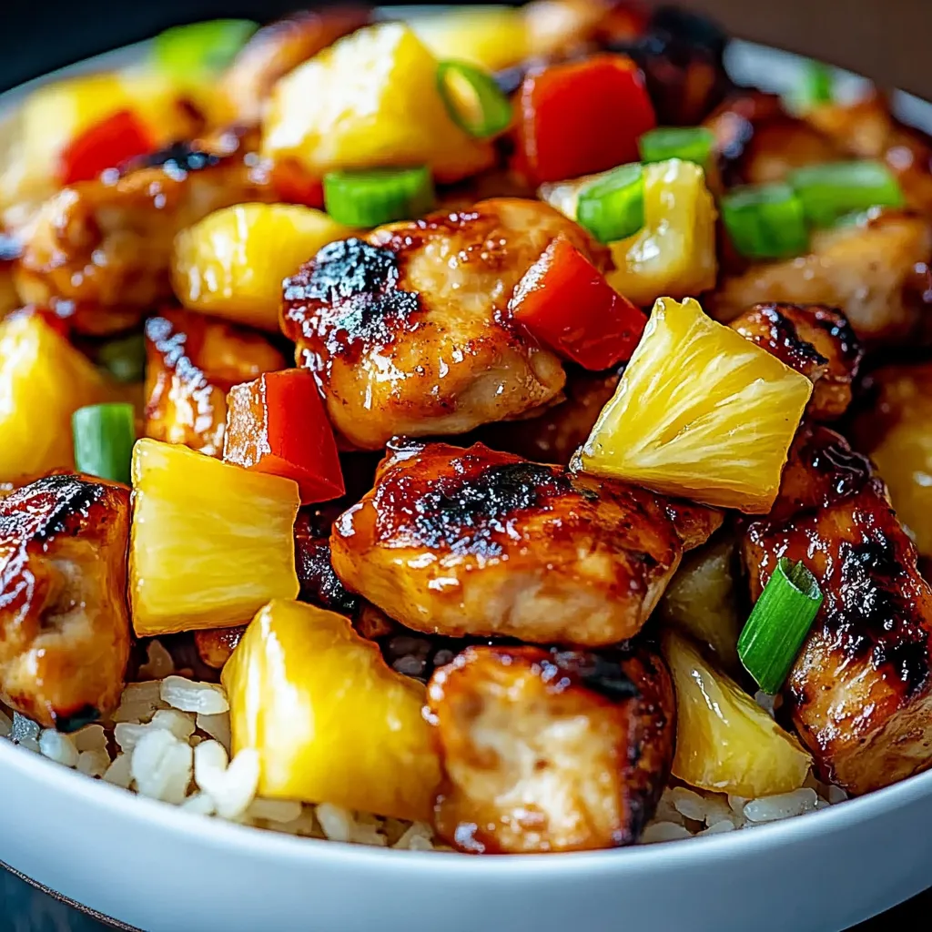 A bowl of food with chicken, pineapple, and peppers.