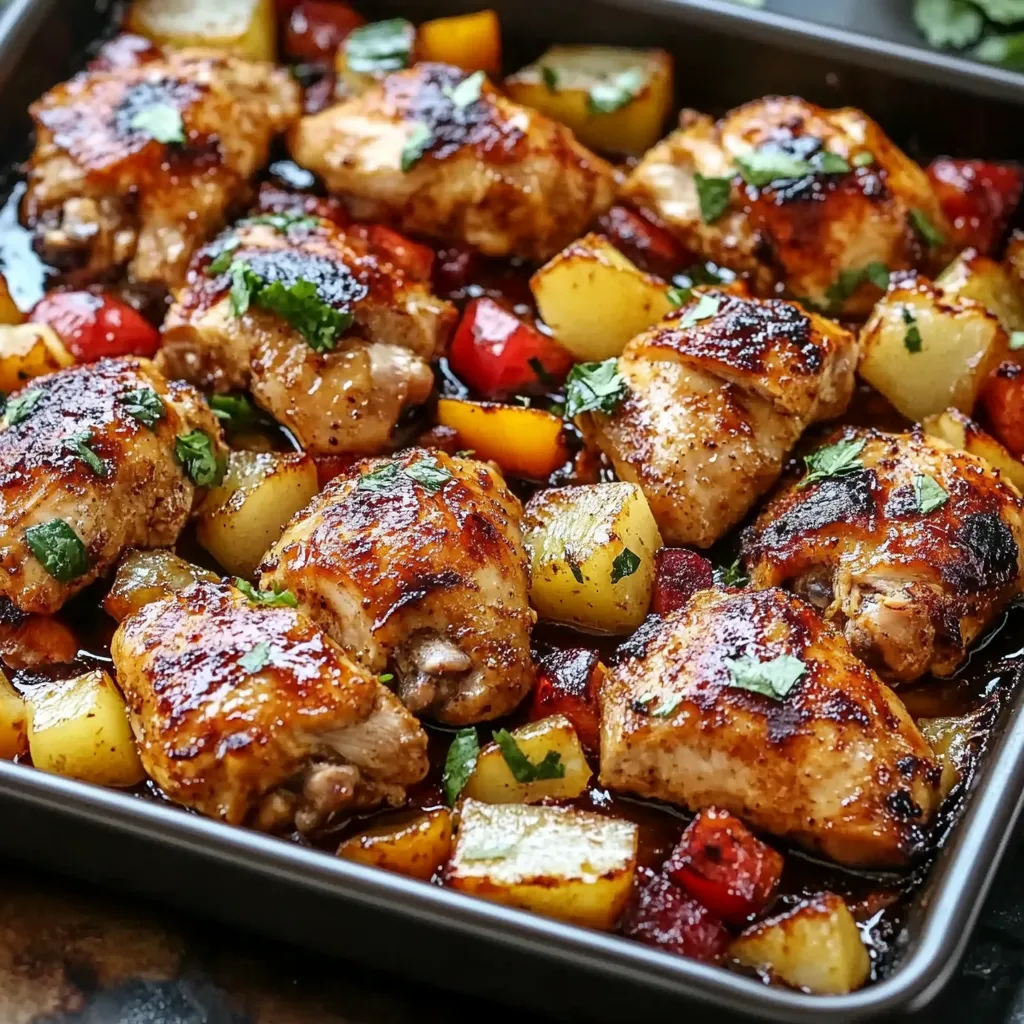 A pan of chicken with vegetables.