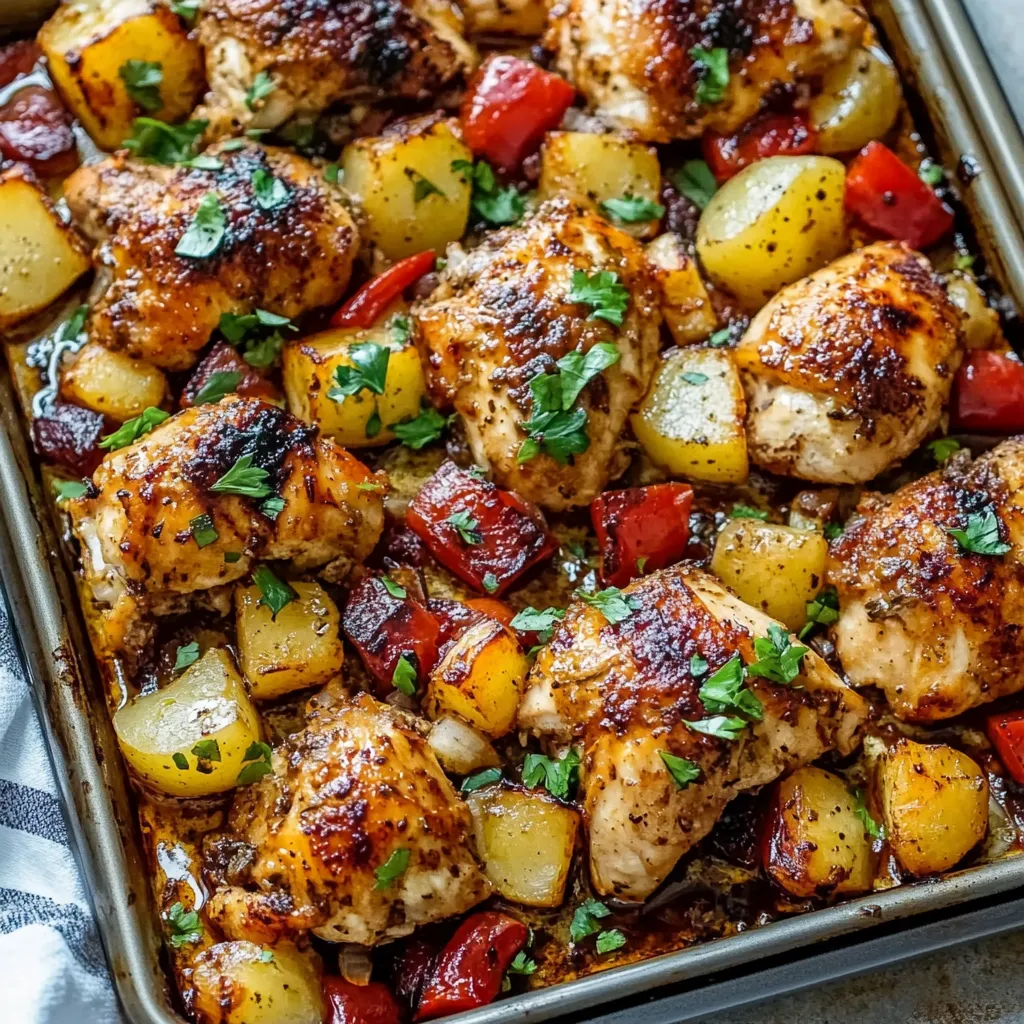 A pan of chicken with peppers and potatoes.