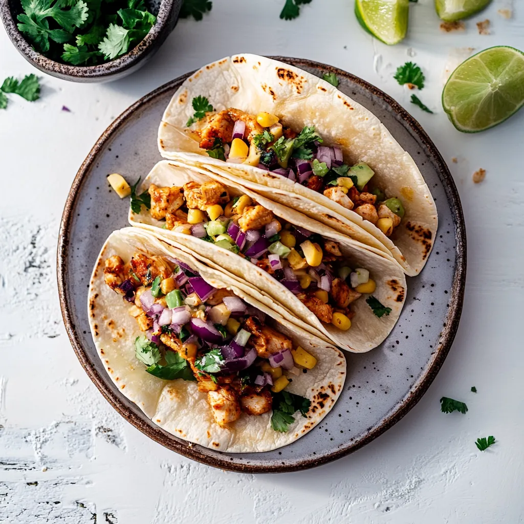 Two tacos with meat and vegetables on a plate.