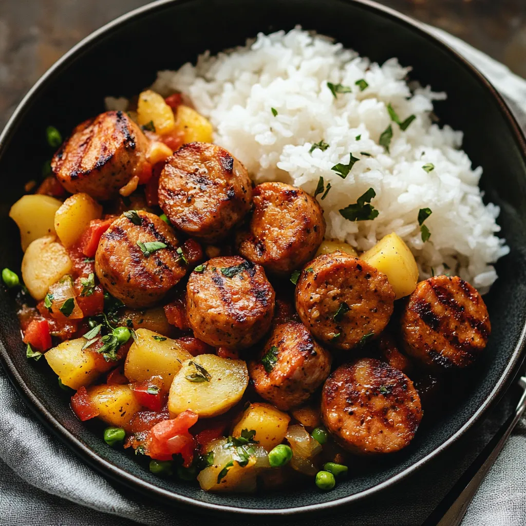 A bowl of food with sausage and rice.