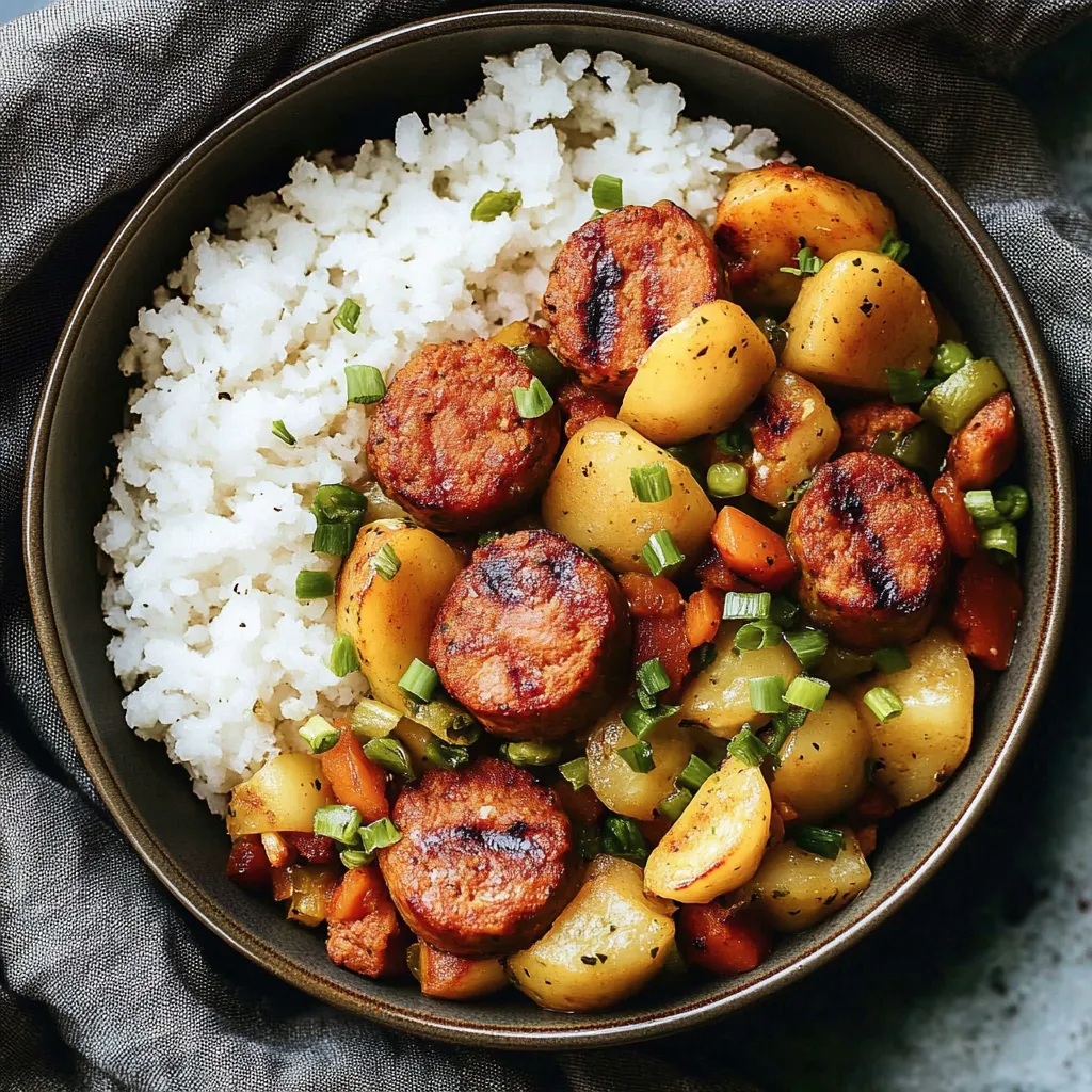 A bowl of rice and sausage.