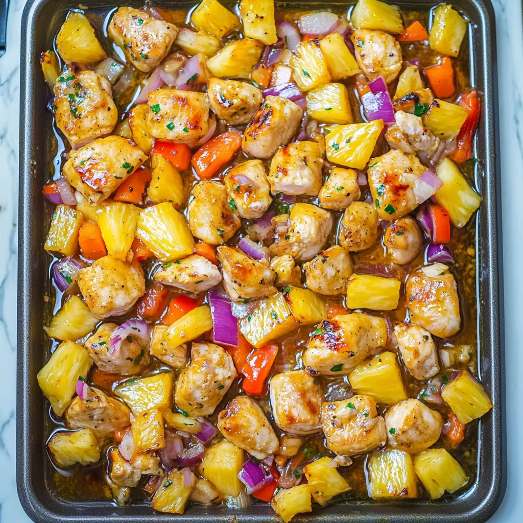 A pan of chicken with pineapple and onions.