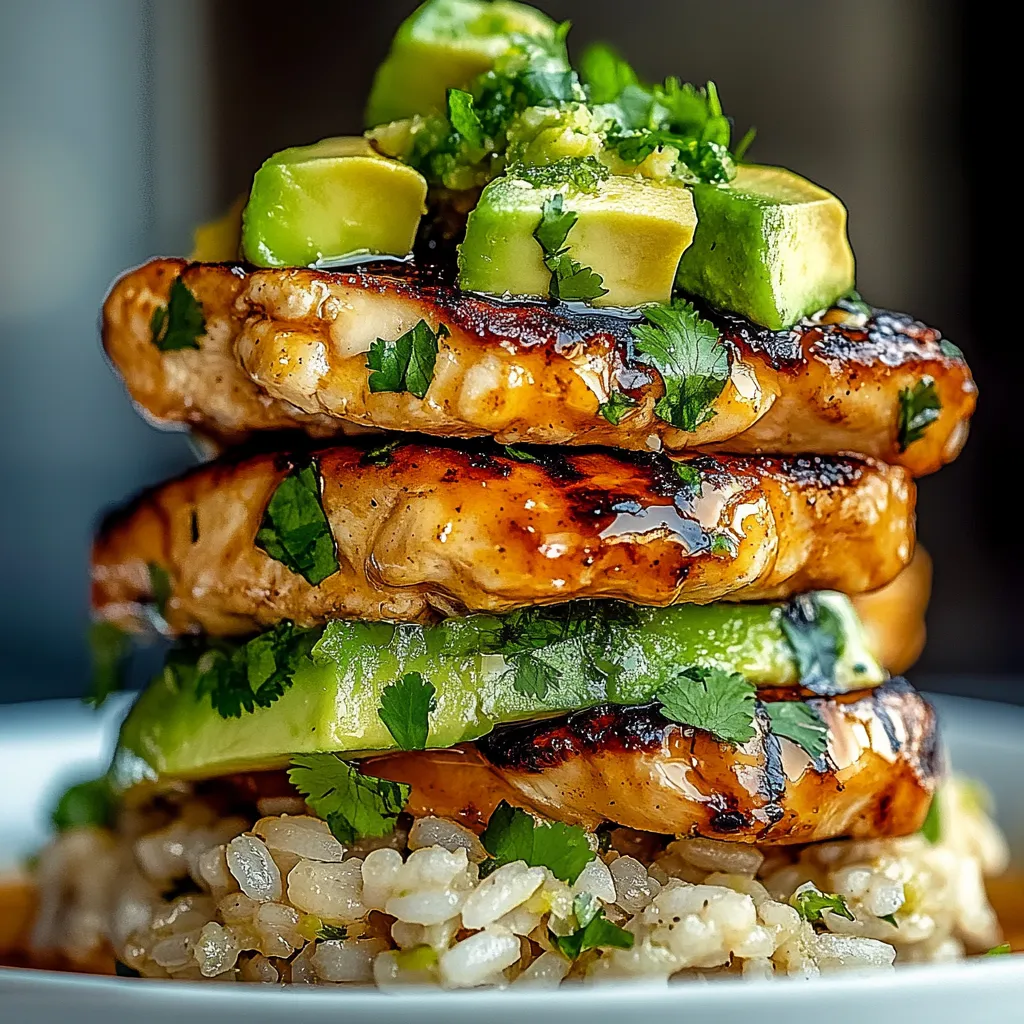 A stack of grilled chicken with avocado and cilantro.