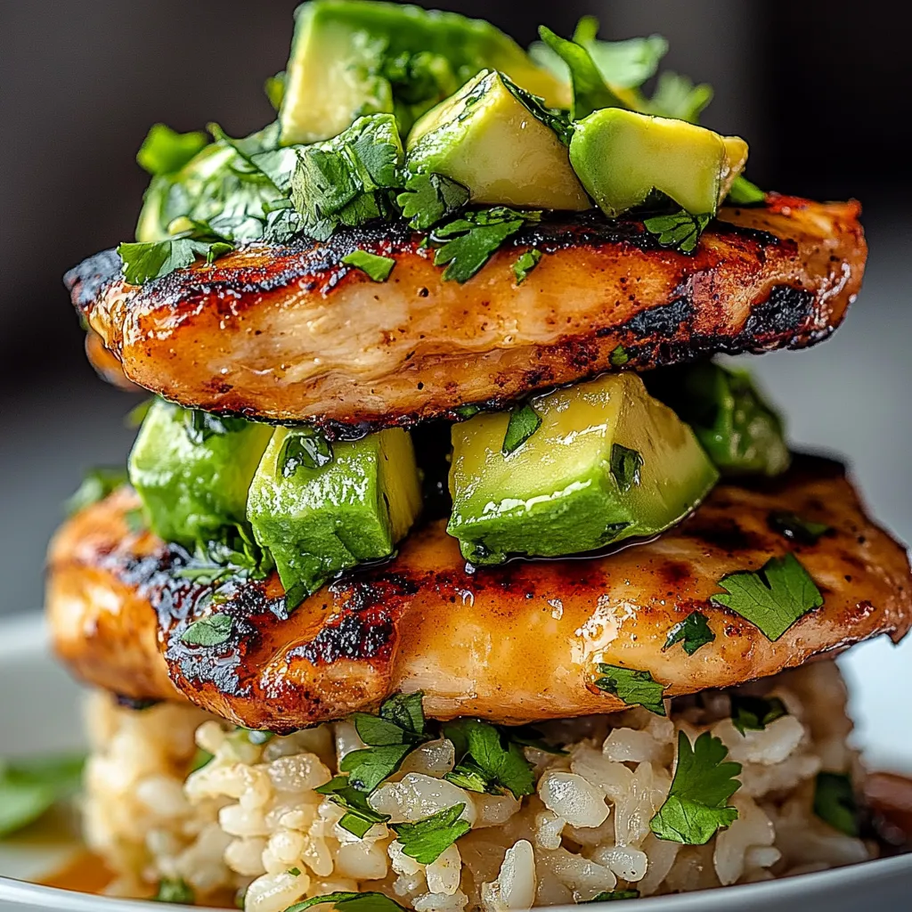 A plate of rice and chicken with avocado on top.