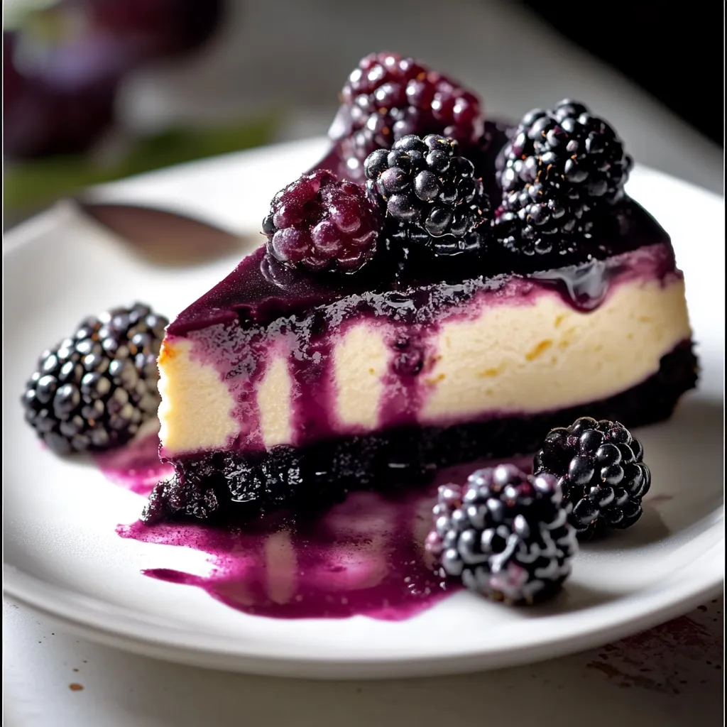 A slice of cheesecake with blackberries on top.