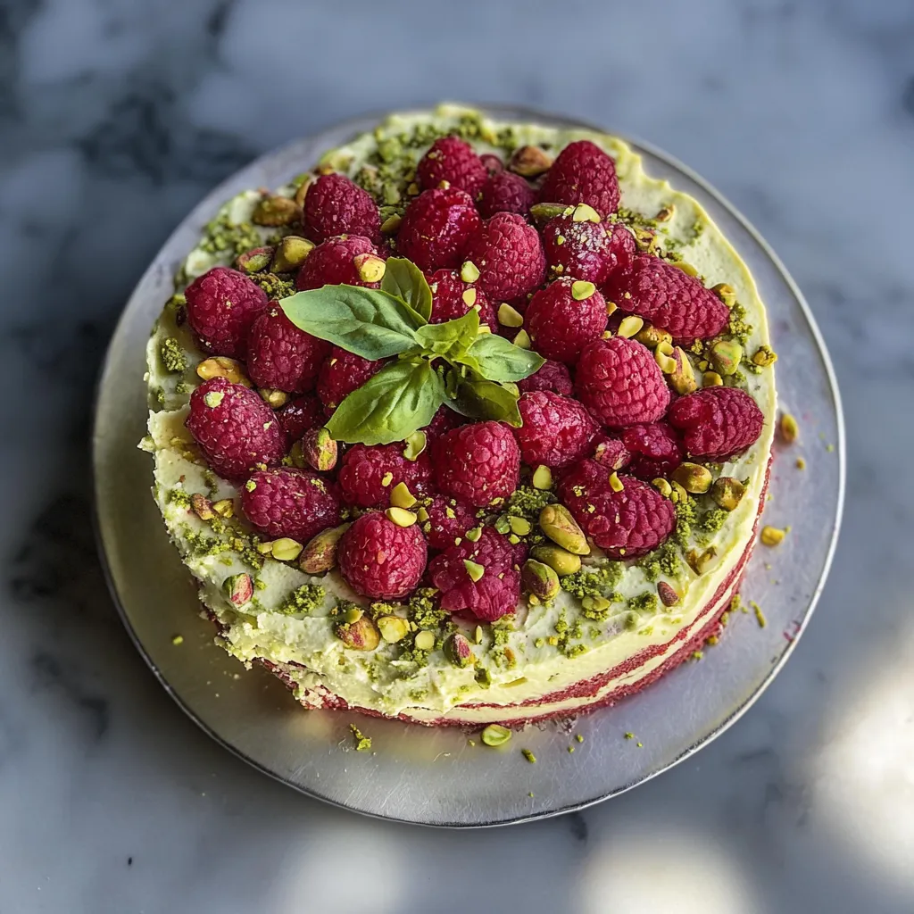 A cake with raspberries and mint on top.