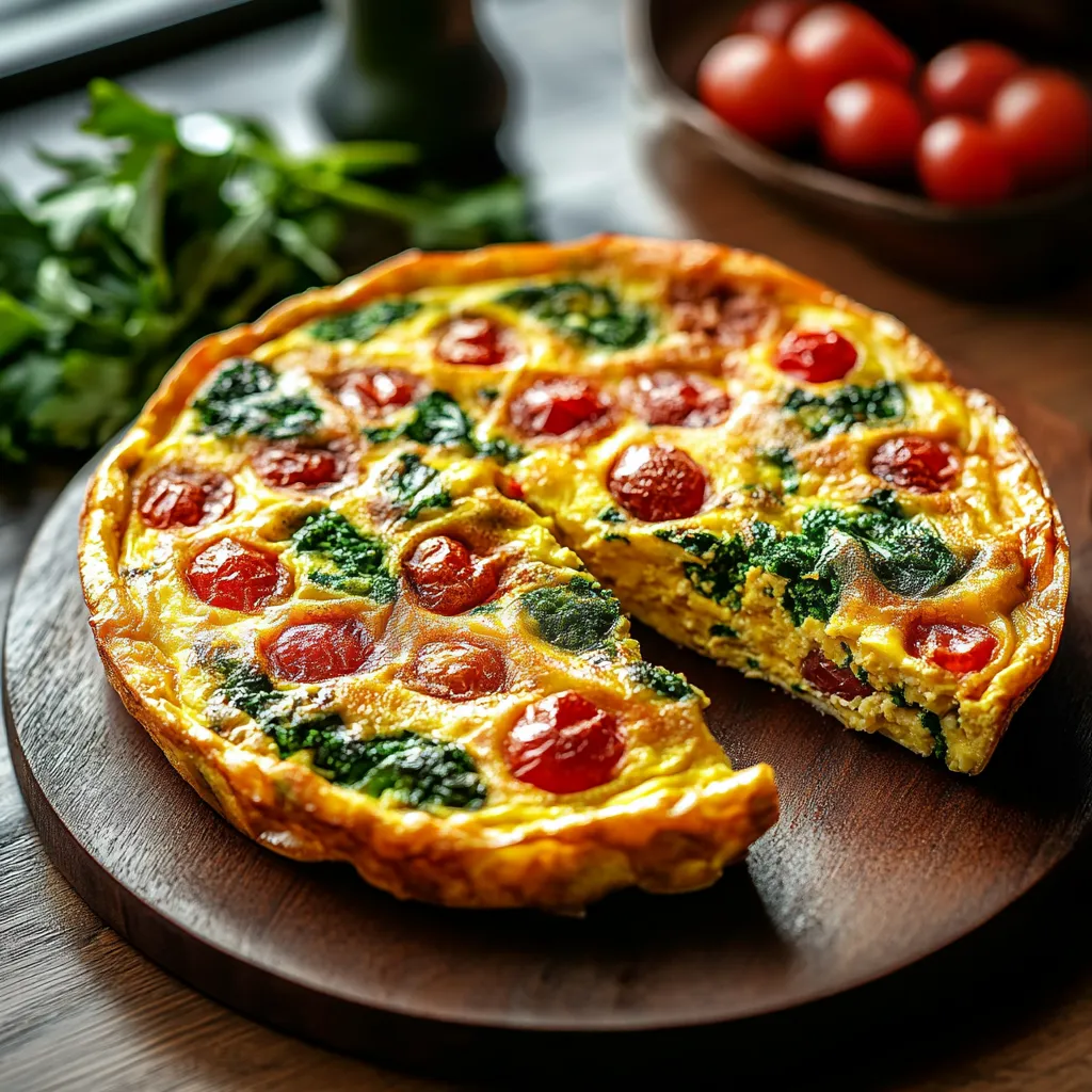 A slice of baked egg dish with spinach and tomatoes.