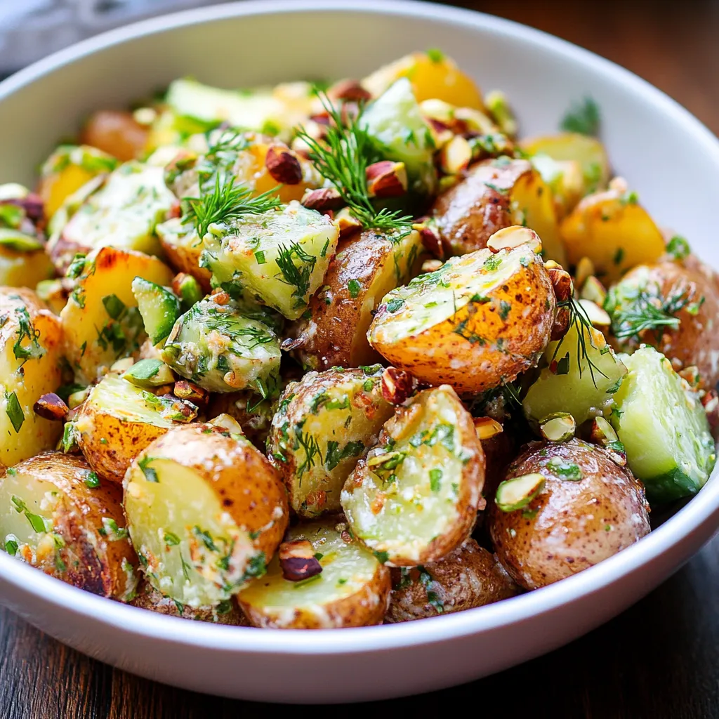 A bowl containing roasted potatoes and fresh greens.