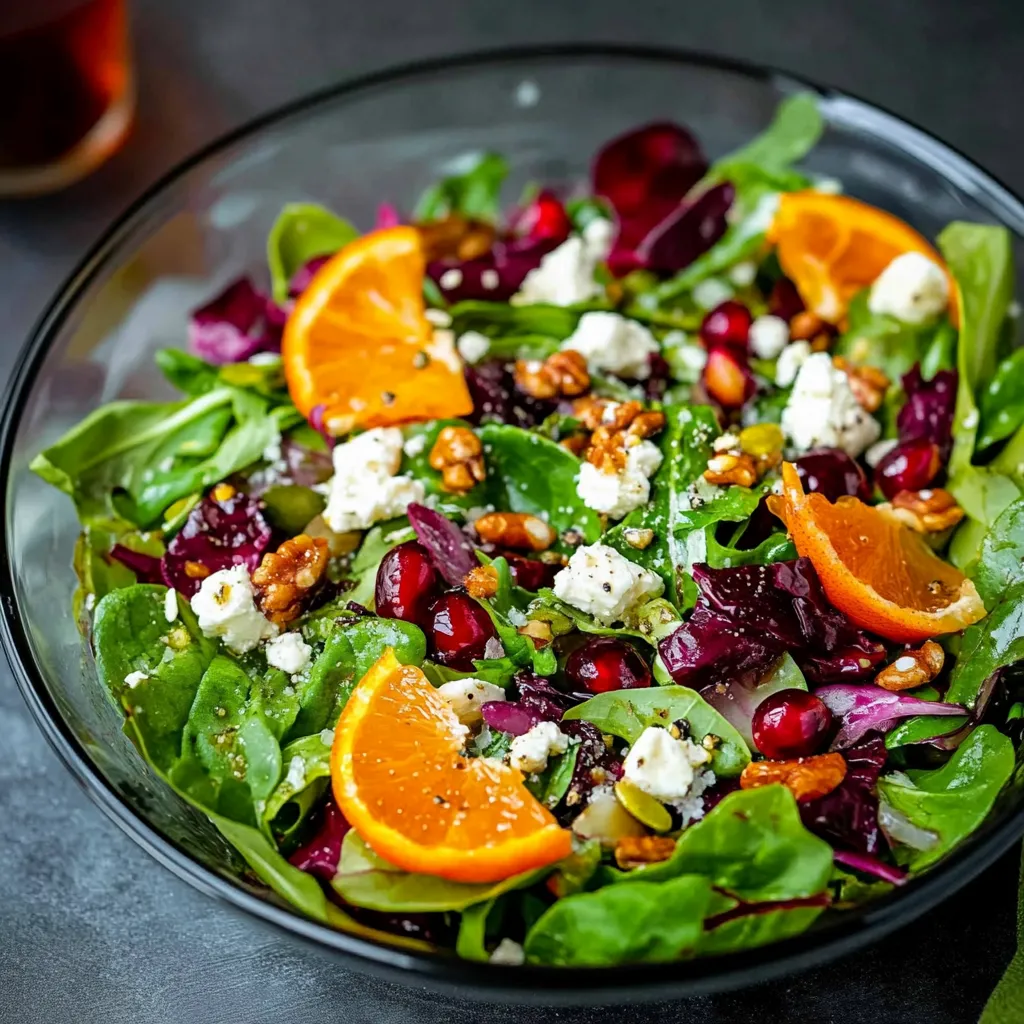 A vibrant salad with bright orange slices and creamy crumbles.