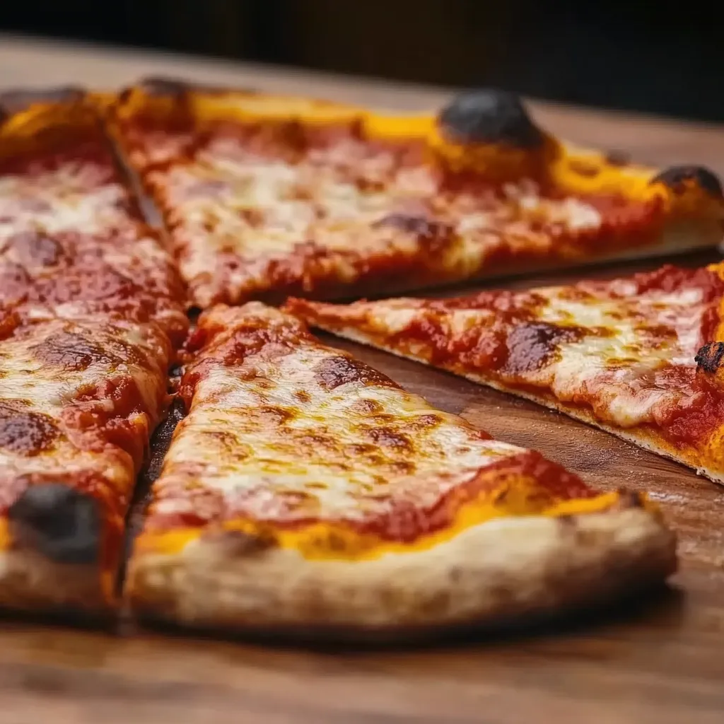 A slice of pizza on a wooden table.